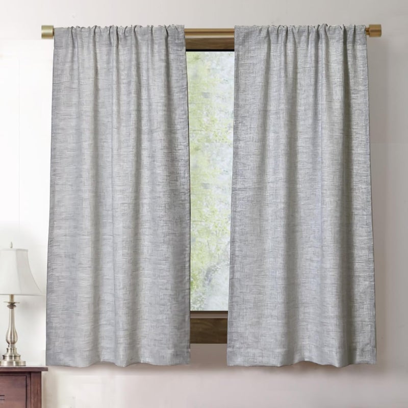 Oindec Faux Linen Kitchen Curtains 45 Inch Length Cafe Curtain Tiers for Living Room Basement Bathroom Windows Country Rustic Small Short Curtains, Set of 2, Grey - Image 1